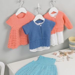 GIRL'S PINAFORE, DRESS & CARDIGANS IN SNUGGLY DK-Printed pattern in the post